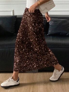 Coffe Brown Sequin Midi Skirt
